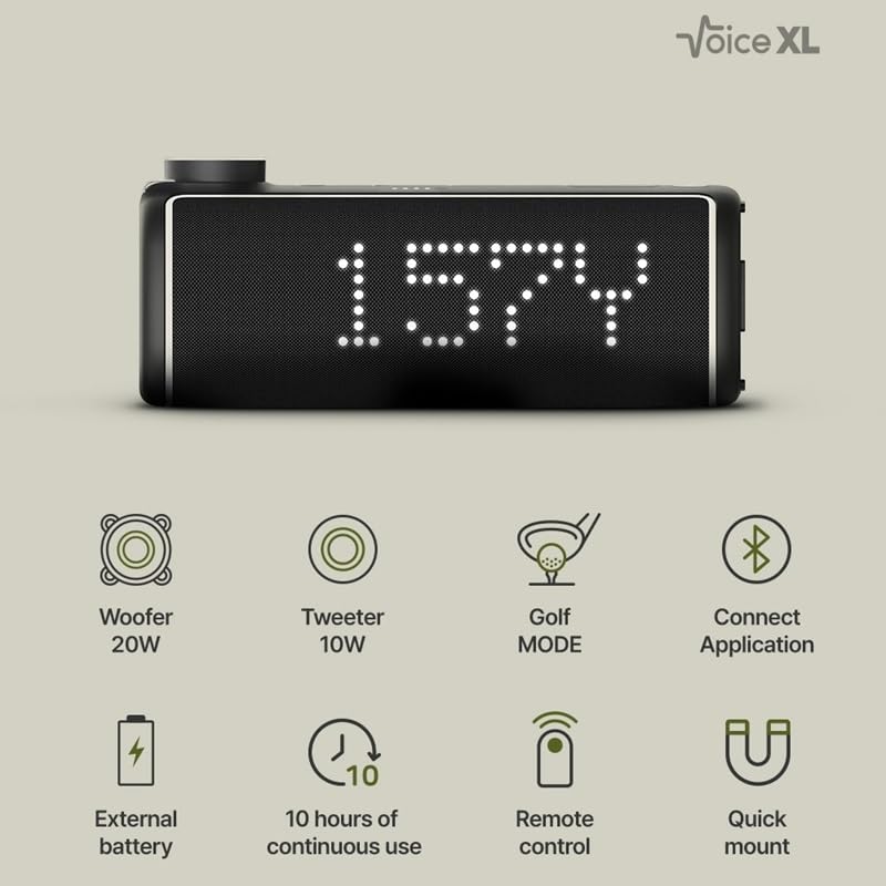 GOLFBUDDY VOICE XL Magnetic Golf GPS Speaker - Distances Visible, Rich Sound with 20W Woofer & 10W Tweeter, Clip-on Remote Controller, Attachable to Golf Cart, 10 Hours Battery Life, IPX6 Waterproof
